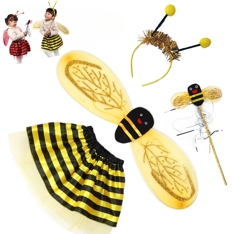 4 ピース/セットテントウムシ蜂かわいい翼チュチュスカート杖カチューシャ子供妖精コスチュームセットギフト女の子ハロウィンドレスアップフェスティバル衣装