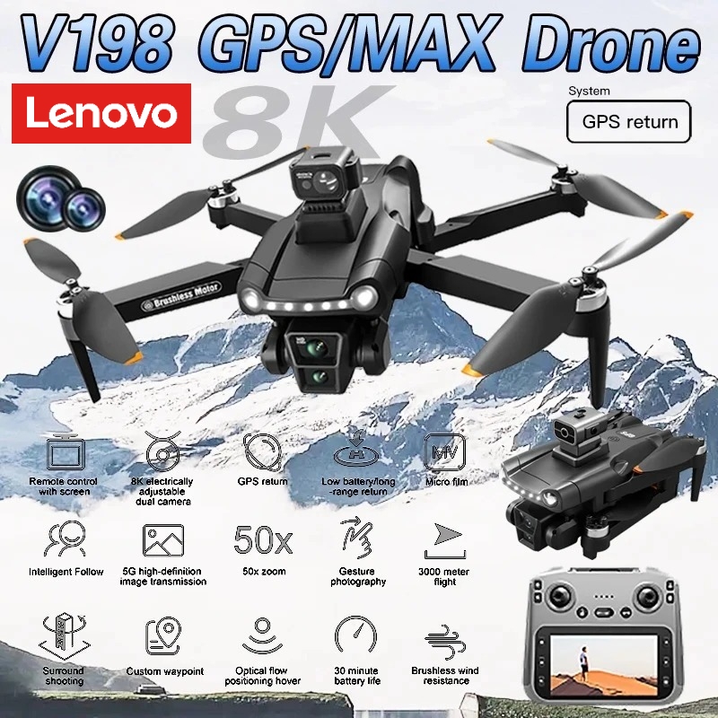 Lenovo V198 MAX GPS ドローン 8K プロフェッショナル 4K HD カメラ ブラシレス レーザー 障害物回避 折りたたみ式 Quadcopter 航空光学