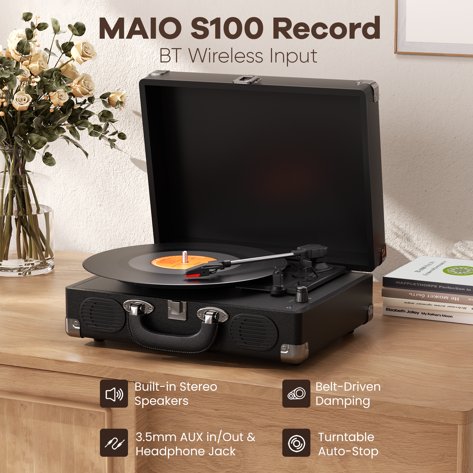 Maio S100 ベルトドライブ式ビンテージ蓄音機、レコードプレーヤー、ターンテーブル、高忠実度ステレオ、内蔵スピーカー、3スピード