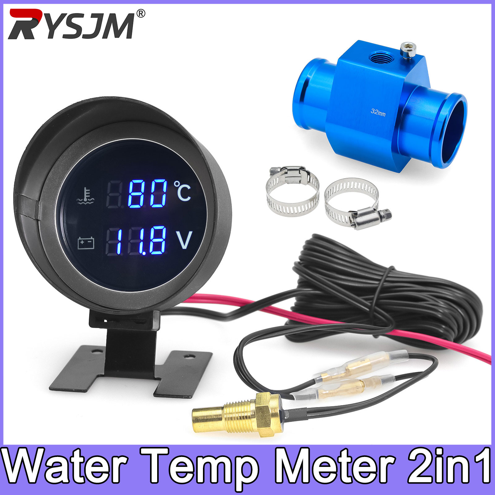 Motorcycle Temperature Gauge Water Temp Meter + 10mm Water Temperature Sensor 1/8 NPT Adapter Thermometer for Car Voltmeter