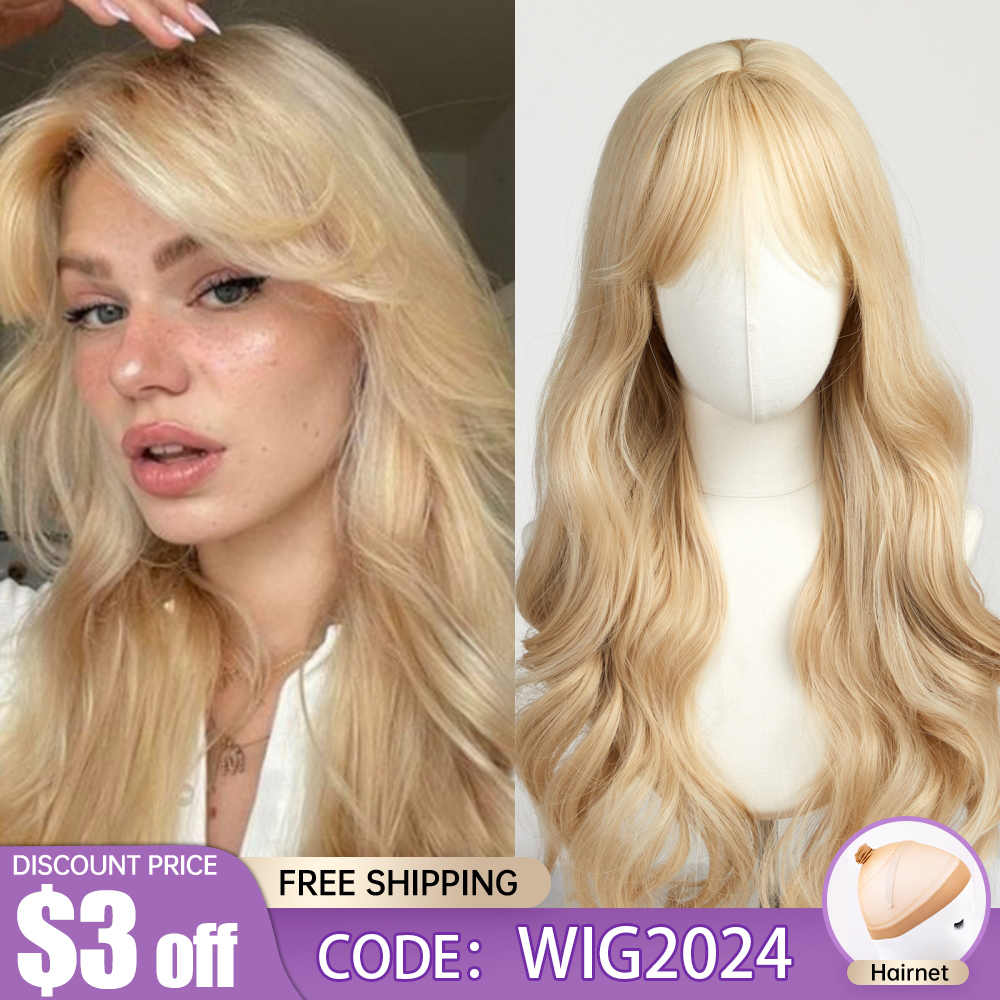 EASIHAIR サンディブロンドゴールデン波状合成かつら長い前髪コスプレロリータパーティーヘアウィッグ女性のための自然な耐熱性