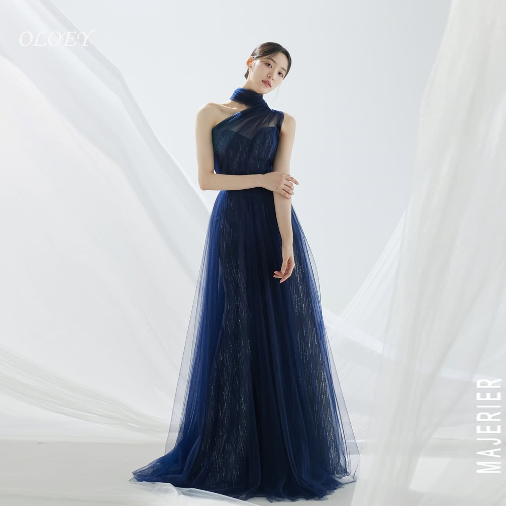 OLOEY Shiny Dark Blue Korea Prom Dresses Women Formal Event Special Evening Party Dress Customized 웨딩드레스