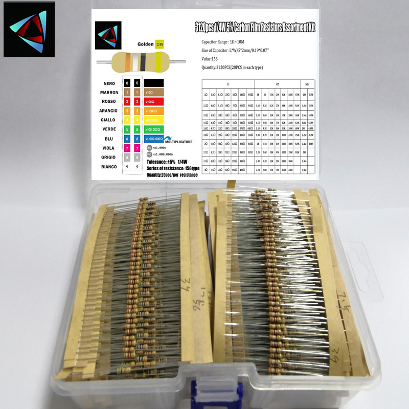 3120 個 156 値 1 -10M オーム 1/4W 5% カーボン皮膜抵抗器詰め合わせキット電子部品