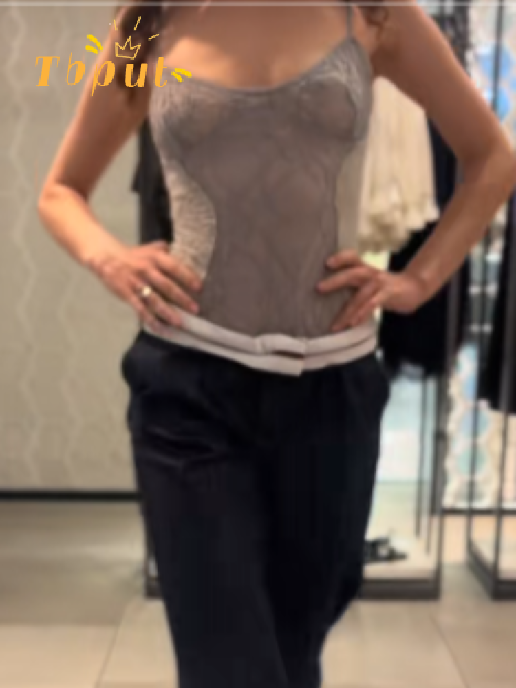 女性グレー薄手のレースのボディスーツセクシーなシースルーキャミソールトップノースリーブ V ネック背中の開いたボディコンジャンプスーツ 2026 夏のファッショントップ