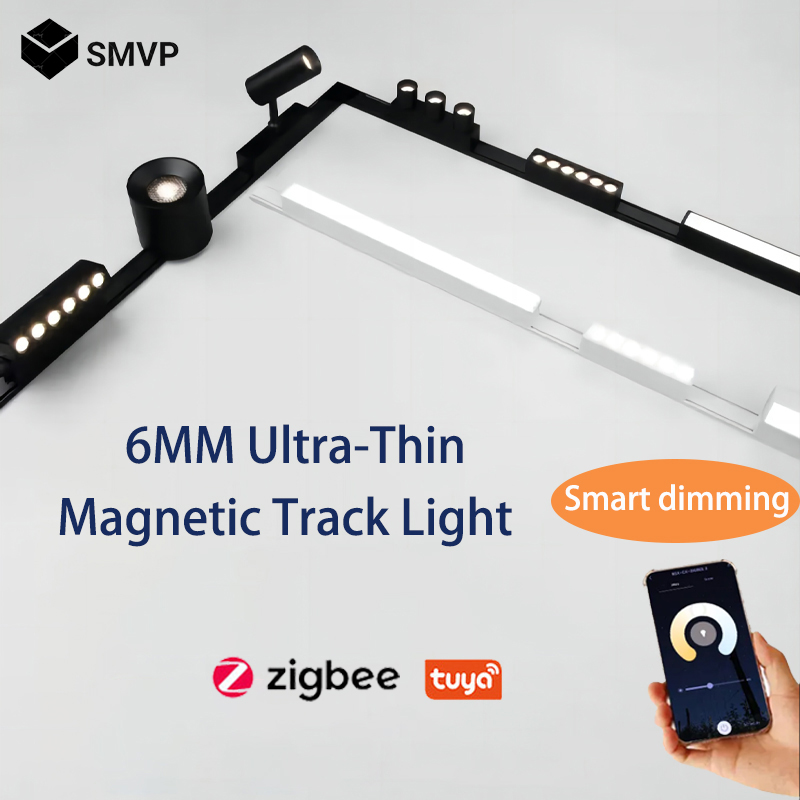 6 ミリメートル薄型スマート Tuya Zigbee 調光可能な天井面マウント磁性トラックライトシステム黒、白スリムランプ安全 DC48V 家庭用