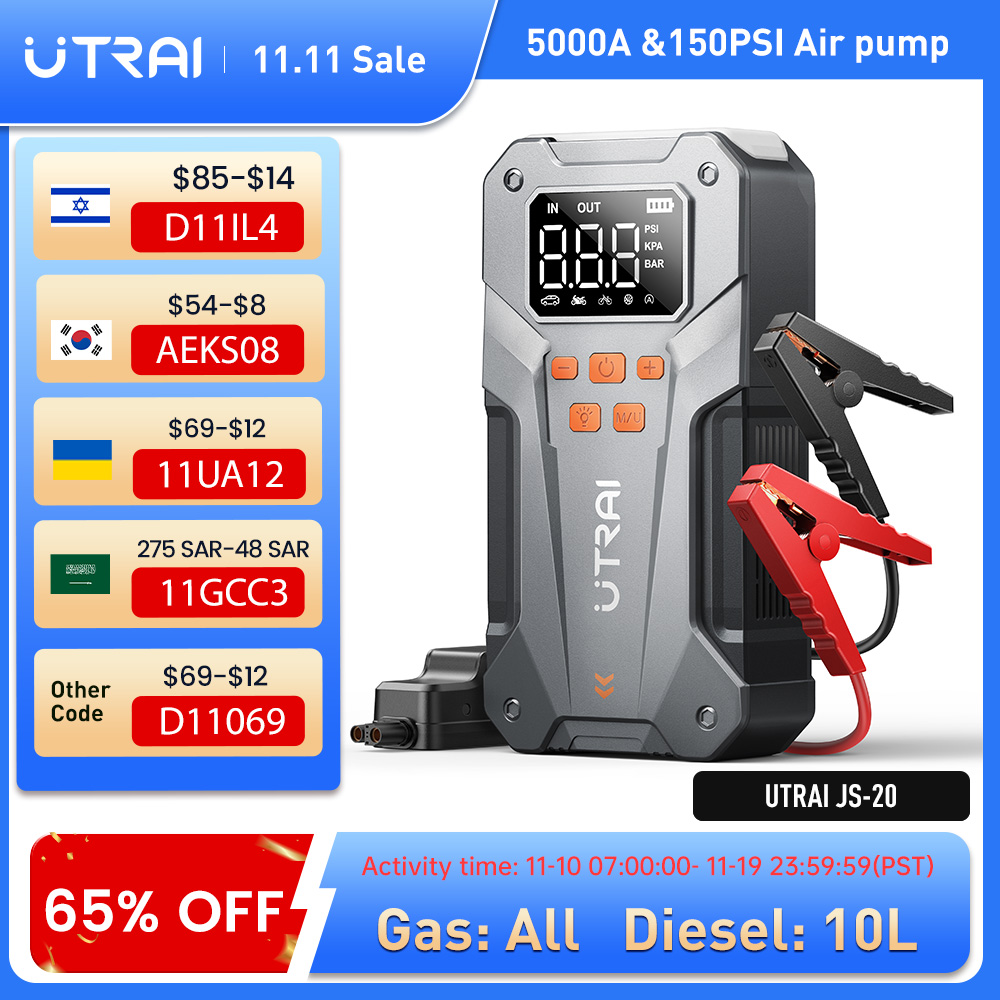 UTRAI 150PSI 5000A ジャンプスターター、エアコンプレッサー付き、すべてのガスおよび 10.0L ディーゼルエンジン始動装置カース​​ターター
