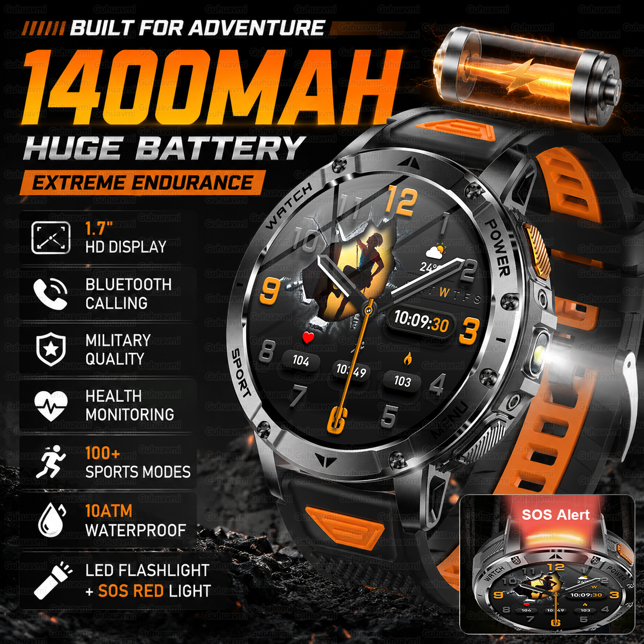 1400mAh 大バッテリー軍事スマートウォッチメンズ 1.7 "HD Bluetooth 通話 10ATM 防水 LED フラッシュ SOS 健康モニタースポーツ腕時計