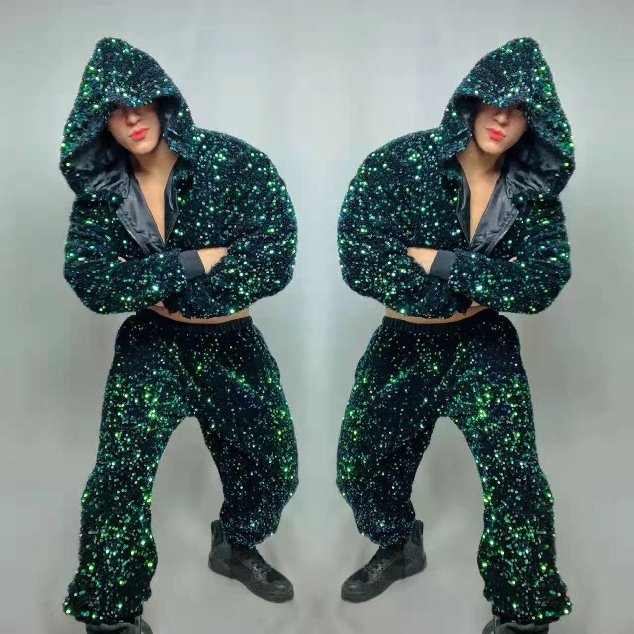 成人男性グリーンスパンコールヒップホップダンス服ナイトクラブバーゴーゴーダンサー衣装グリッターフード付きジャケットパンツパフォーマンス衣装