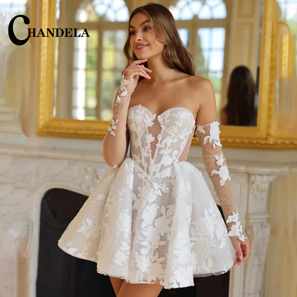 CHANDELA レースアップリケミニコルセットウェディングドレスカットアウト取り外し可能な袖 Vestidos デ noiva アフターパーティー A ラインカスタマイズ