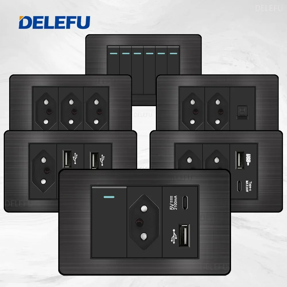 DELEFU- ステンレススチールブラックパネルシリーズ ブラジル標準スイッチ 10A ソケット コンピュータ USB タイプ C 壁電源ソケット