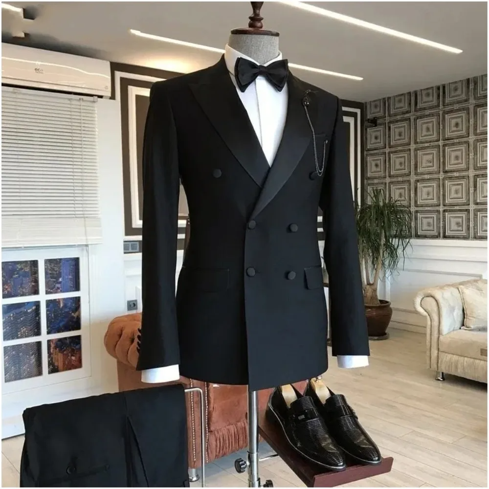2 個ジャケットパンツ黒のスーツ男性ピークドラペルダブルブレストオーダーメイドブレザー結婚式新郎タキシードウエディング衣装オム