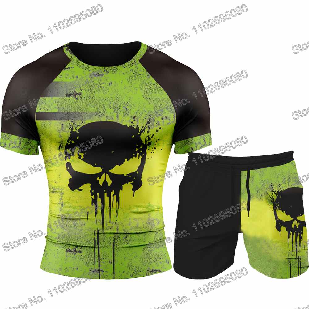 Justiceiro ラッシュガードダイビング Tシャツショーツ BJJ ボクシング MMA 水着男性夏半袖サーフ服女性ジムトップススポーツ