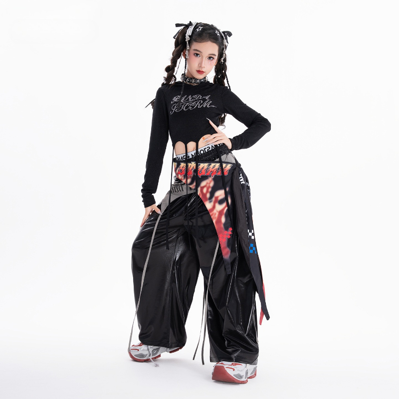 女の子ヒップホップダンス服セットクール長袖トップスだぶだぶのパンツファッションストリートダンス衣装ジャズ Kpop パフォーマンス着用