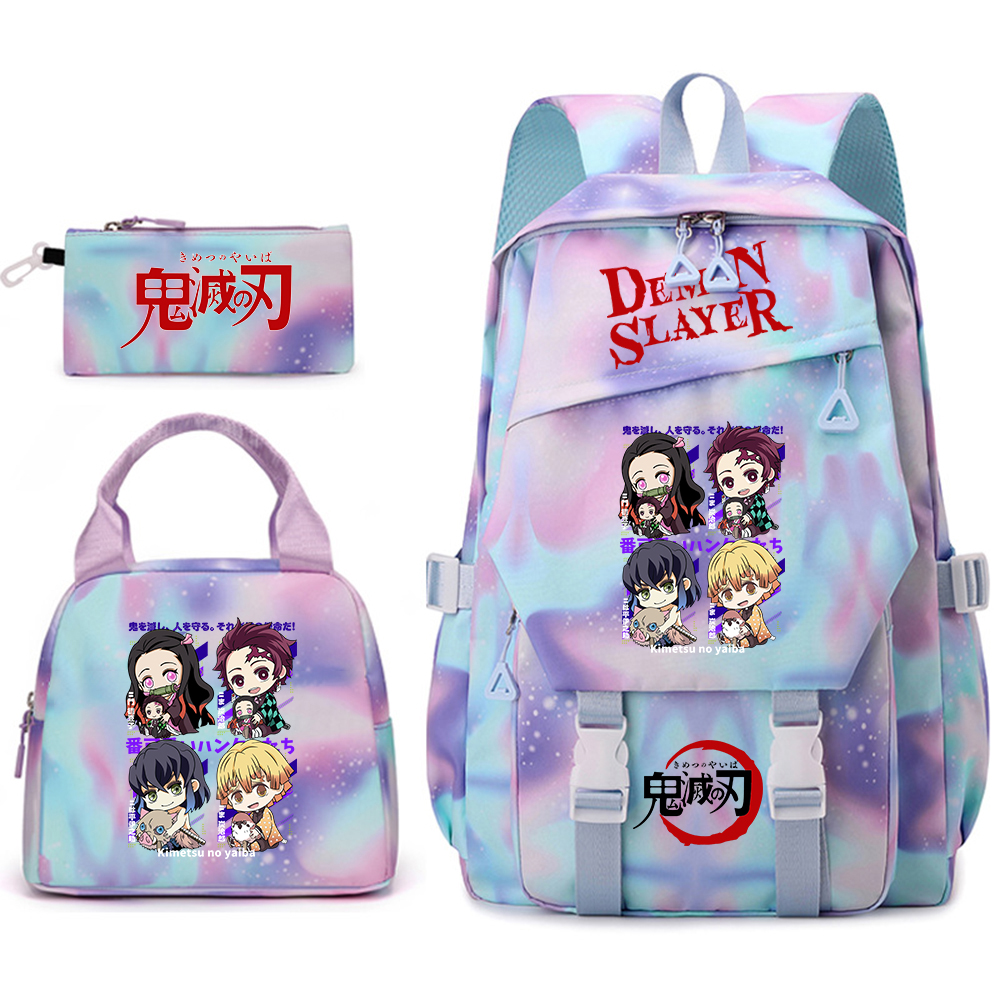 デーモンスレイヤーアニメスクールバックパックセット 3 個女の子軽量学生ランドセルランチバッグ鉛筆ケース付き