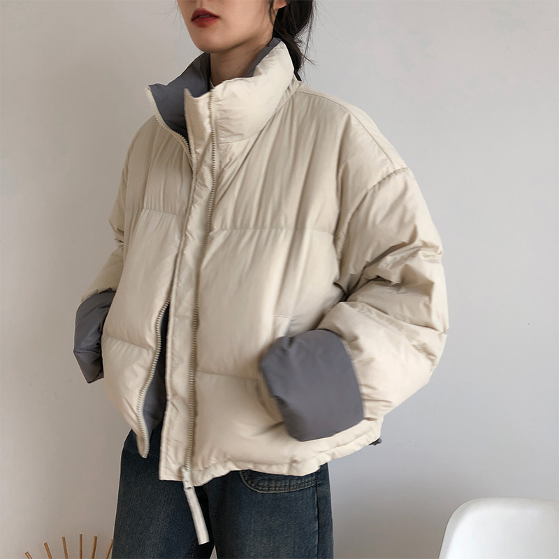 女性の秋冬ショートパファージャケット韓国スタイルソリッドカラースタンドカラーパンコート女性綿ダウンアウターパーカー