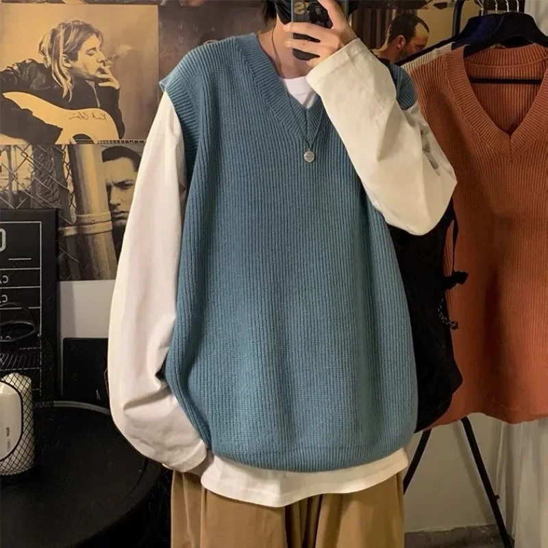 ニットセーター男性ノースリーブ紳士服無地無地チョッキベスト V ネックブループラスサイズストリート韓国ファッションジャンパー