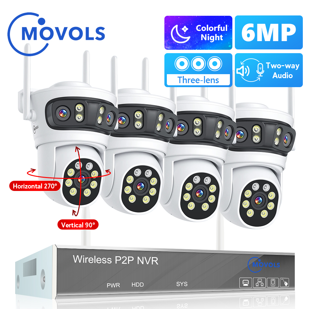 Movols 6MP 3 レンズ PTZ H.265 ワイヤレス CCTV システム双方向オーディオ防水 IP セキュリティカメラ 10CH NVR 監視システム