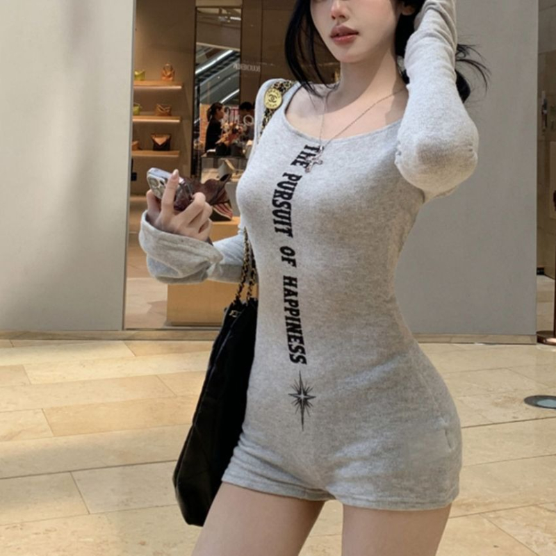 アメリカンストリートスタイル長袖Tシャツセクシースパイシーガールタイトレタープリントボトムラウンドネックバックレスジャンプスーツショーツ