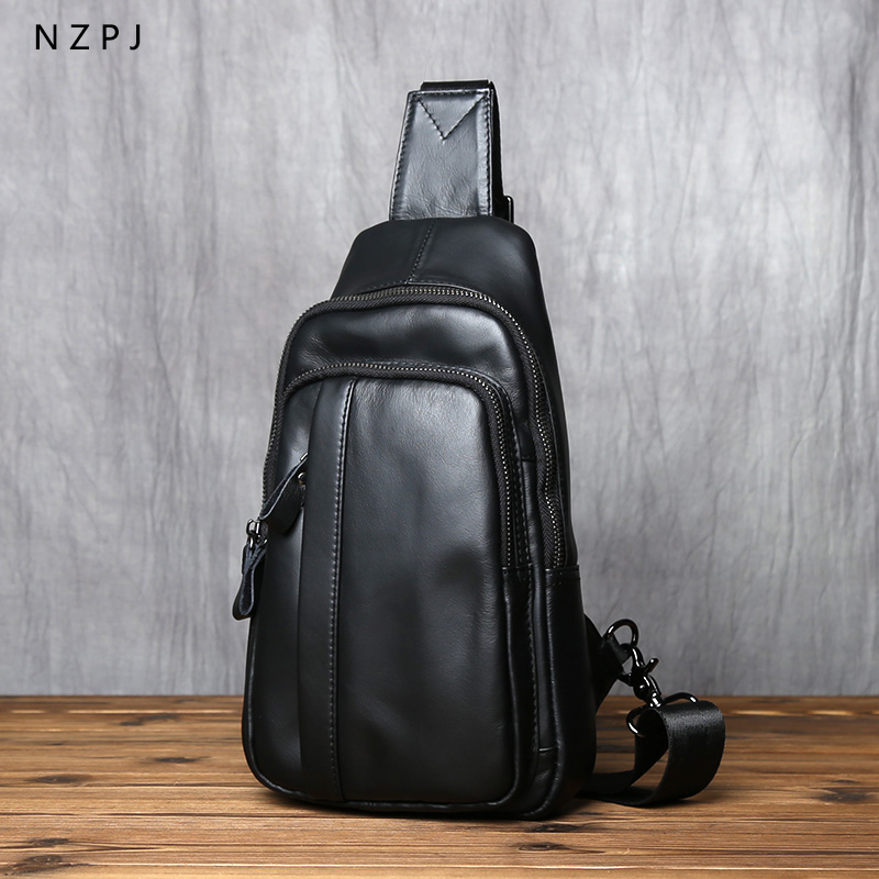 NZPJ トレンディな革メンズチェストバッグカジュアルショルダーバッグ天然牛革メッセンジャーバッグ黒の小さなバックパック 8 インチタブレット用