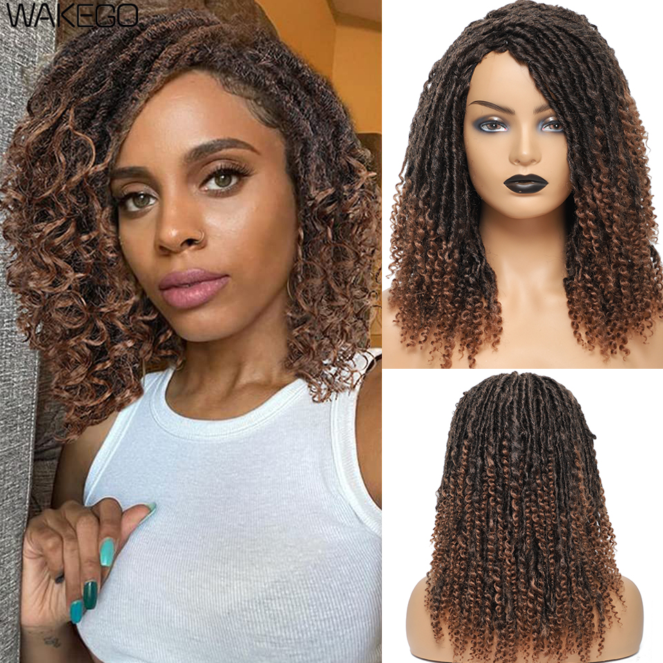 Wakego フェイクロックとカーリーヘアウィッグ ドレッドヘアウィッグ ショートツイストウィッグ ペルケコートブークレ合成 黒人女性と男性用