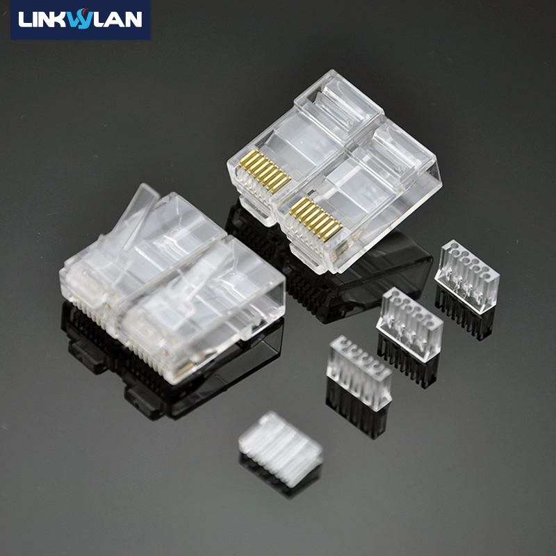RJ45 CAT6 モジュラープラグ UTP には、ワイヤ分配用のプラスチックインサートローディングバーが含まれています - 3 本のプロングブレード