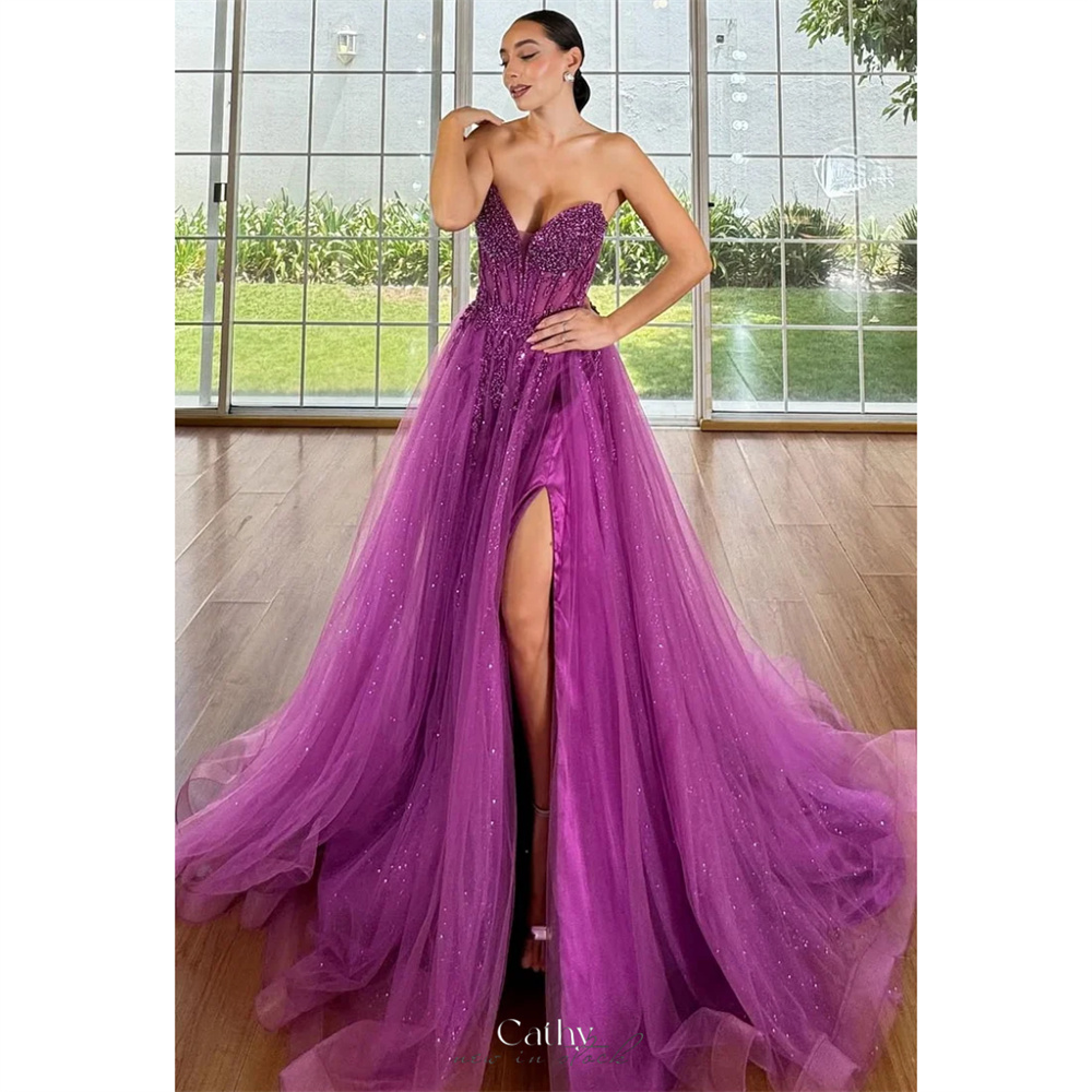 Cathy カスタマイズされたパープル恋人ネックグリッターウエディングドレス A ラインノースリーブ Vestidos de noiva サイドハイスプリットフォーマルイブニング