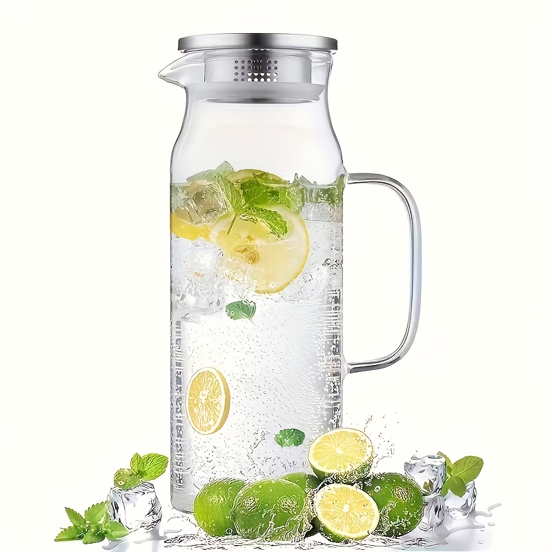 1pc 1L/1.5L ホウケイ酸ガラスストレートウォーターピッチャーステンレス鋼蓋付き、家庭用ジュースジャグ、コーヒー、ジュースに適しています