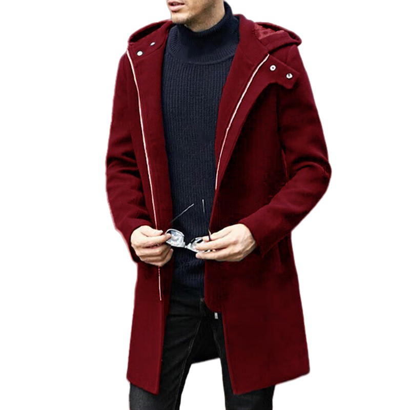 秋冬メンズウールコートカジュアルファッションフード付きジッパーコートミッドレングスメンズ裏地服