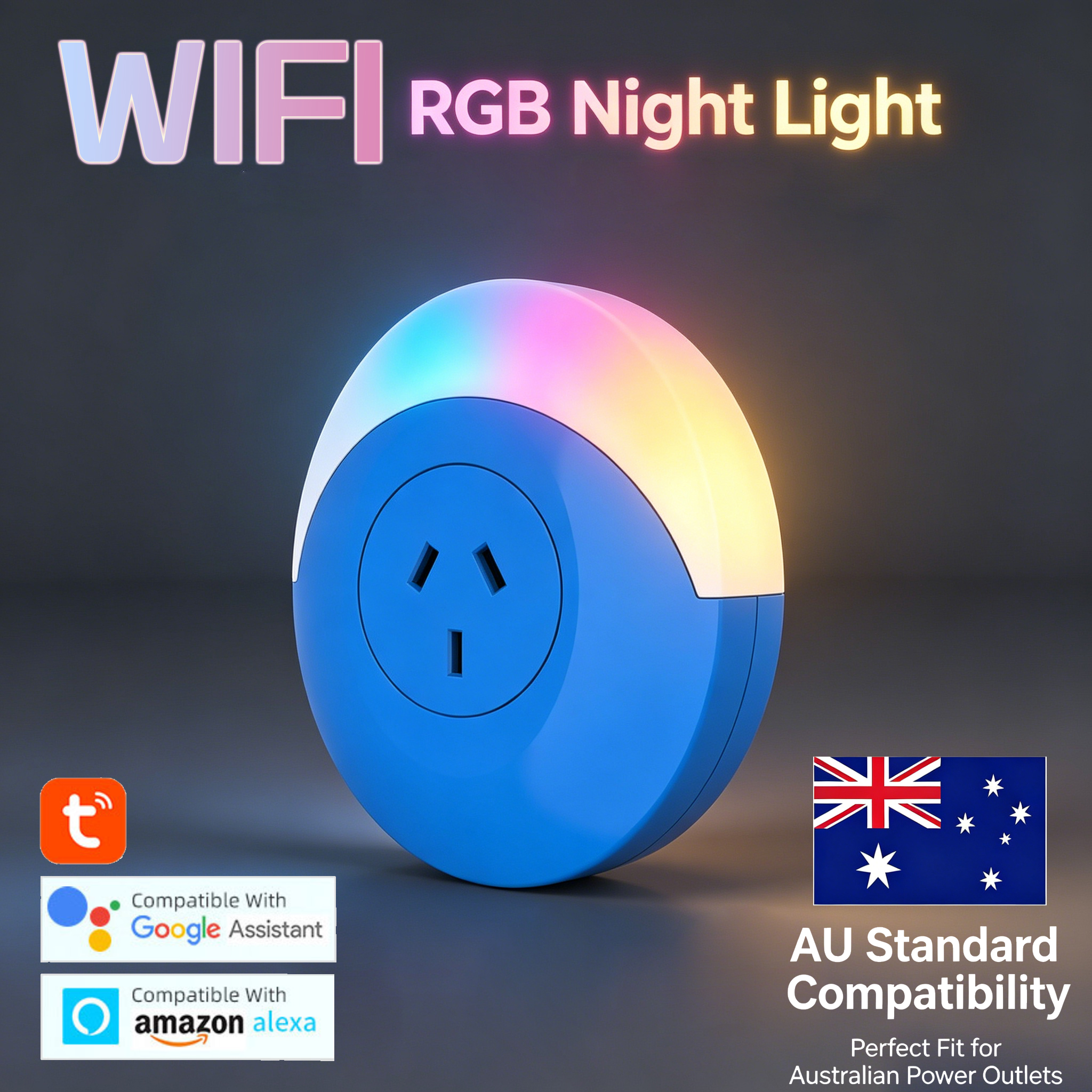AU Smart WiFi Plug with RGB Night Light, Works with TUYA Alexa & Google Assistant, App Remote Control Timer Socket