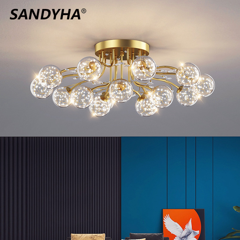 SANDYHA 新しい LED ブラックゴールドシャンデリアクリアスターミルクホワイトガラスボールシーリングランプクリスタルライブルーム装飾ペンダントライト