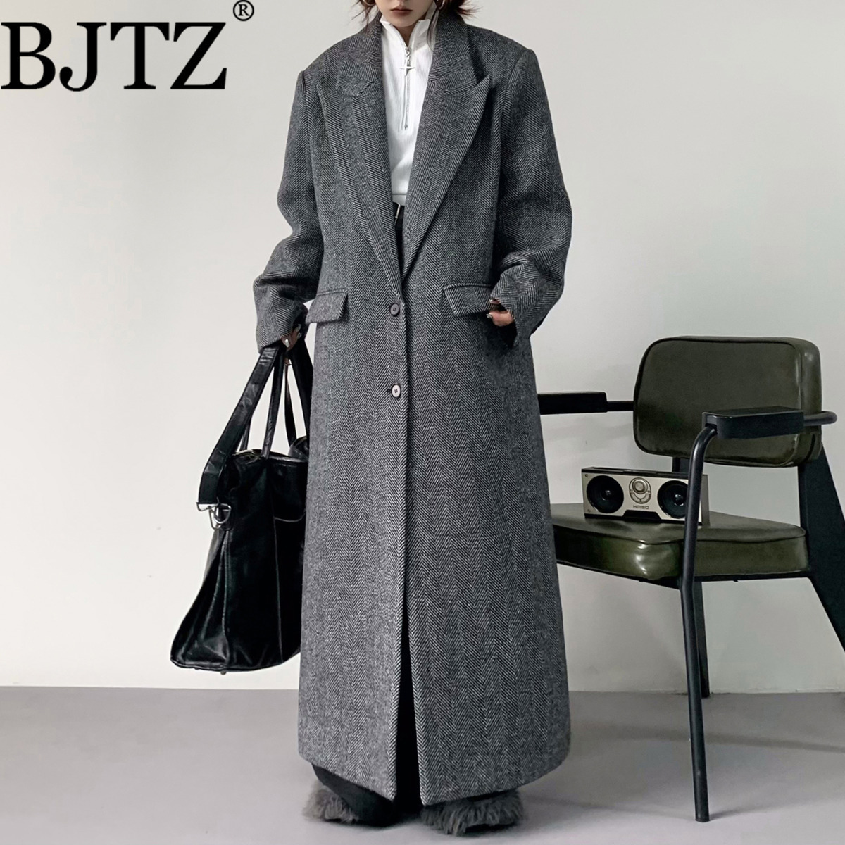 BJTZ 2025 秋冬新ハイエンド英国ヘップバーンスタイル肥厚ロングヘリンボーンウールコート女性のための