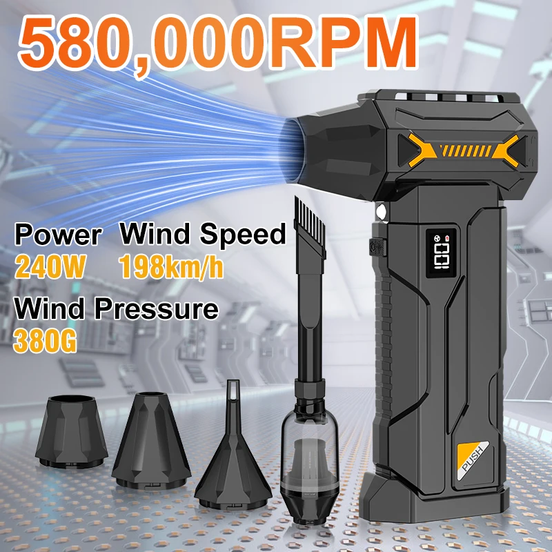 580000 RPMの強力なターボブロワー、コードレス掃除機、電動除雪機、送風力380g、LED照明、車の掃除