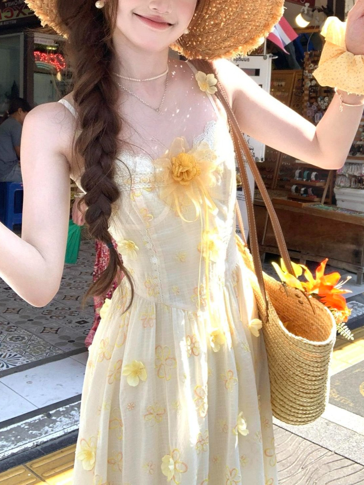 夏フレンチスリム甘い 2 点セット女性カジュアルノースリーブストラップドレスカーディガン韓国ファッション黄色の休暇の衣装新しい