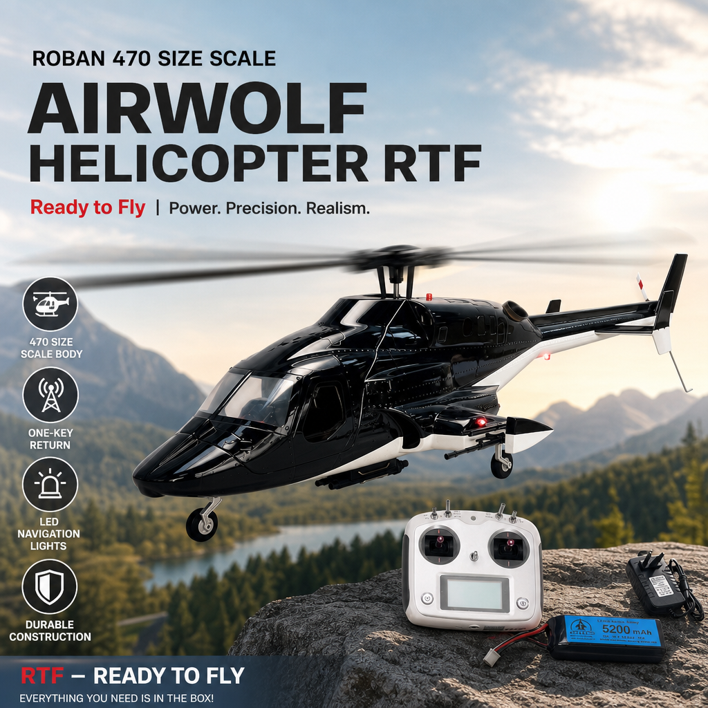 ROBAN 470 サイズ エアウルフ ヘリコプター RTF - すぐに飛行できるスケール RC モデル、ワンキーリターン付き