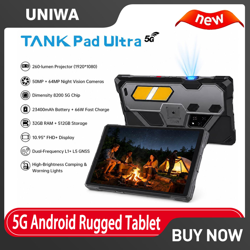 Unihertz 8849 タンクパッド ウルトラ 5G 頑丈なタブレット 16GB 512GB 64MP ナイトビジョン、1080P プロジェクター付き 260 ルーメン、Android15、WiFi 6