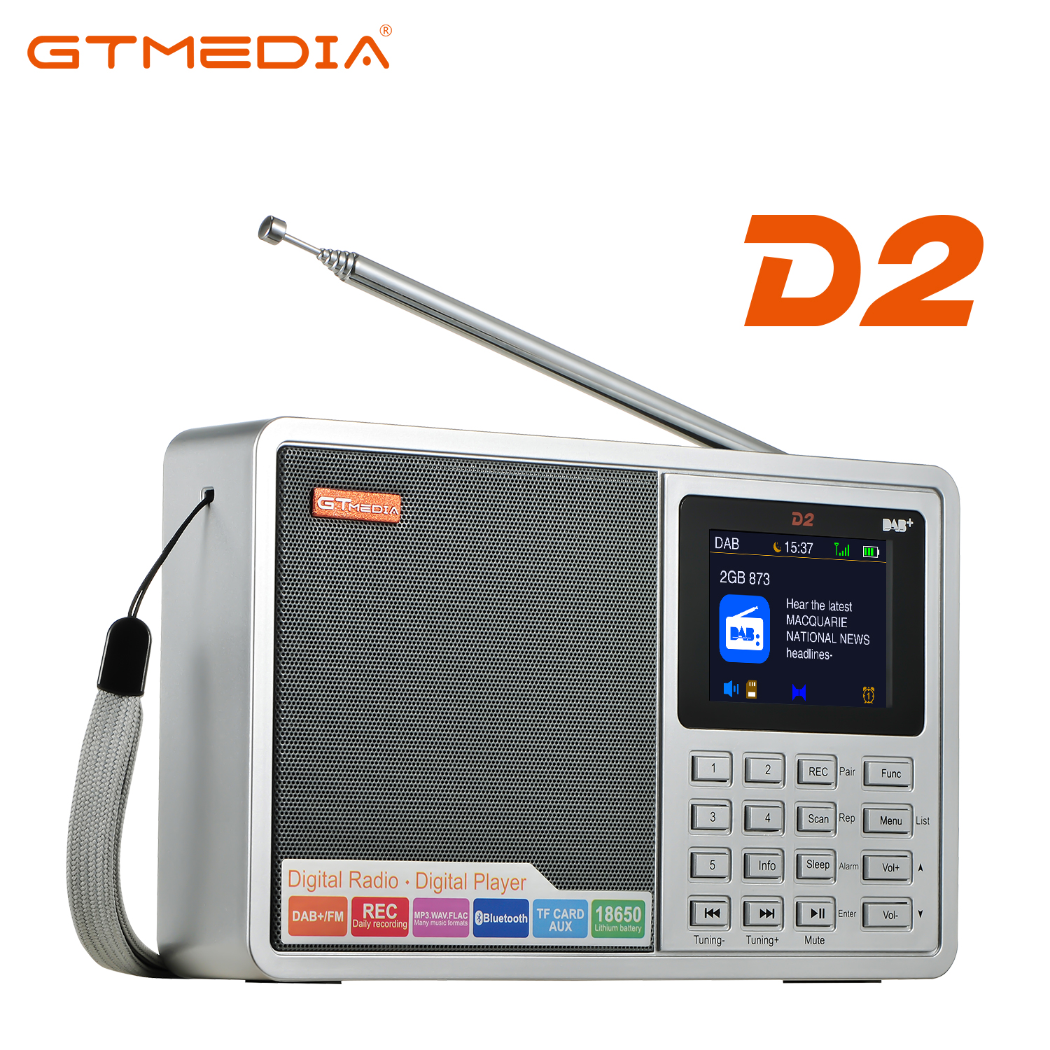 GTmedia D2 DAB /FM ラジオ - 2.4 TFT ディスプレイ、Bluetooth、TF カード、録音、多機能オーディオ プレーヤー