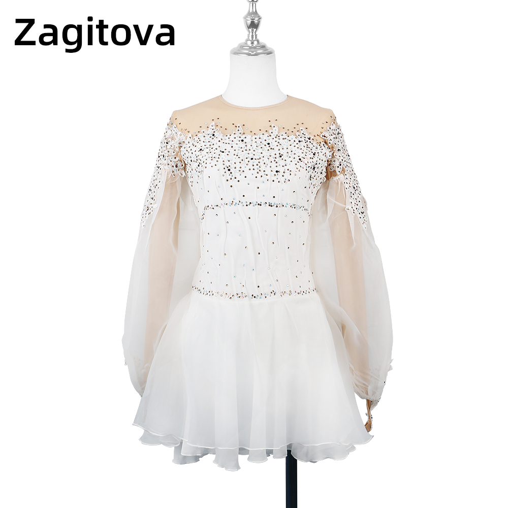 ZAGITOVA フィギュアスケートドレス女性ガールズ長袖アイスフィギュアスケートスカートパフスリーブプリンセスドレスラインストーン