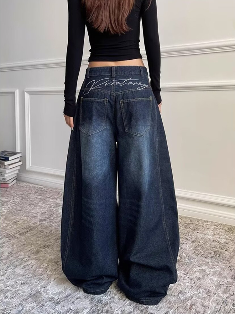 2025 Ropa Y2K ファッションレター刺繍ヴィンテージダークブルーだぶだぶのジーンズパンツ女性服ニューロックワイドレッグレディデニムパンツ
