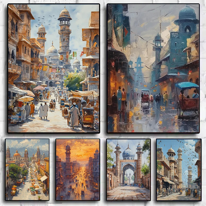 水彩パキスタン都市景観カラチラホールリビング旧市街市場旅行ポスターキャンバス絵画壁アート写真ホーム Deor