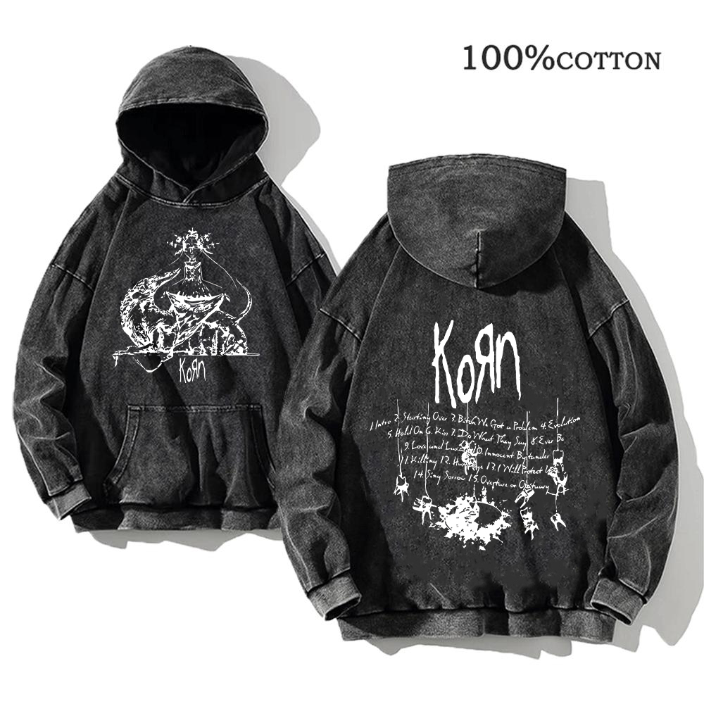 Korn ロックバンドワールドツアーパーカーヴィンテージウォッシュメンズスウェットコットンヒップホップストリートフード付きプルオーバールーズ Y2K トップス