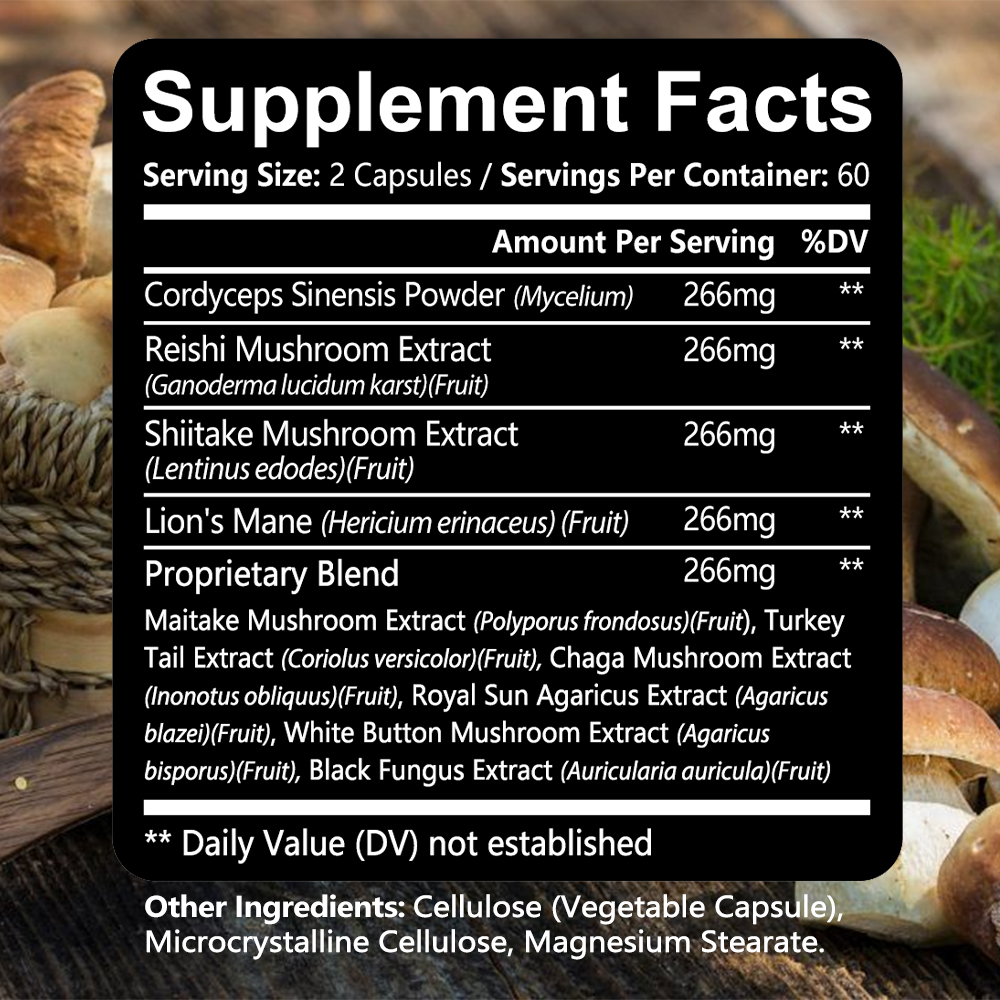 Premium Mushroom Complex Capsules for Brain Memory, Focus, and Immune Support, Featuring Lion's Mane, Reishi, and Cordyceps