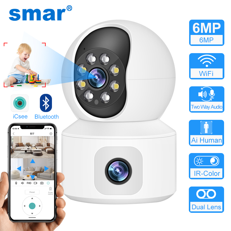 Smar 6MP WiFi カメラ デュアルスクリーン 双方向オーディオ ベビーモニター 屋内 PTZ IP カメラ CCTV 監視 ホームセキュリティ ICSee