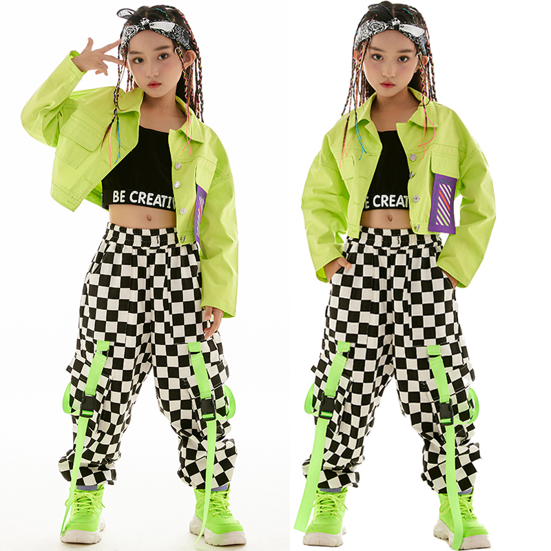 ヒップホップの衣装ジャズダンス Kpop 衣装ステージ摩耗ファッション女の子服グリーンジャケットチェックパンツ長袖子供