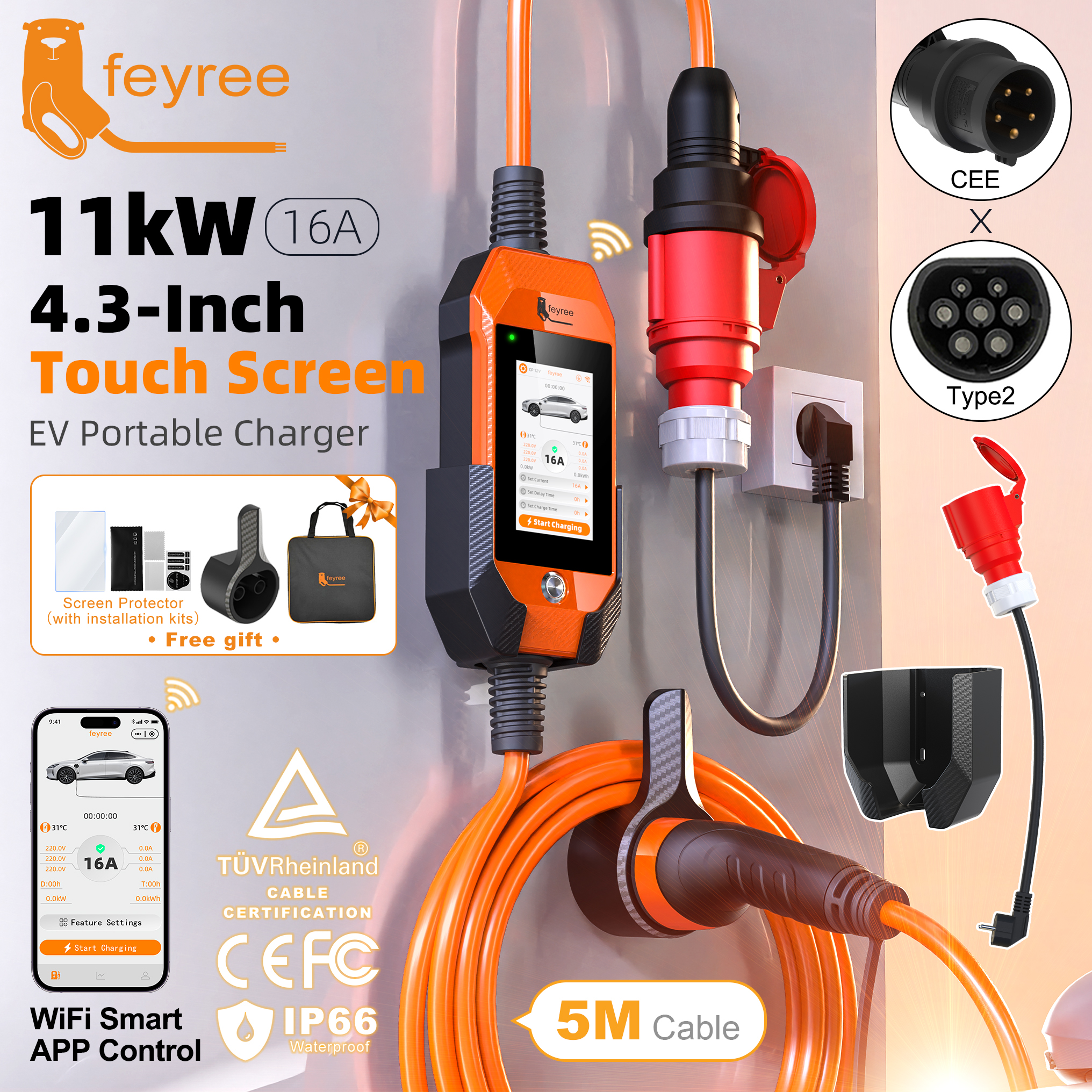 Feyree Type2 11kW ポータブル 4.3 インチ タッチ スクリーン家庭用 EV 充電器、デュアル温度保護付き
