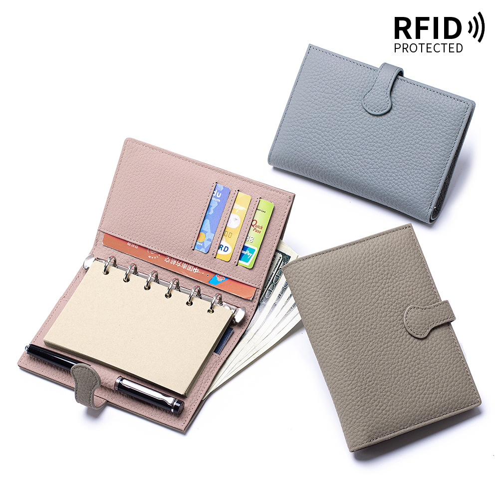 RFID レザーバインダーウォレットトラベルパスポートオーガナイザー6リングノートブックカードスロット付きA7詰め替えノートブック男性用