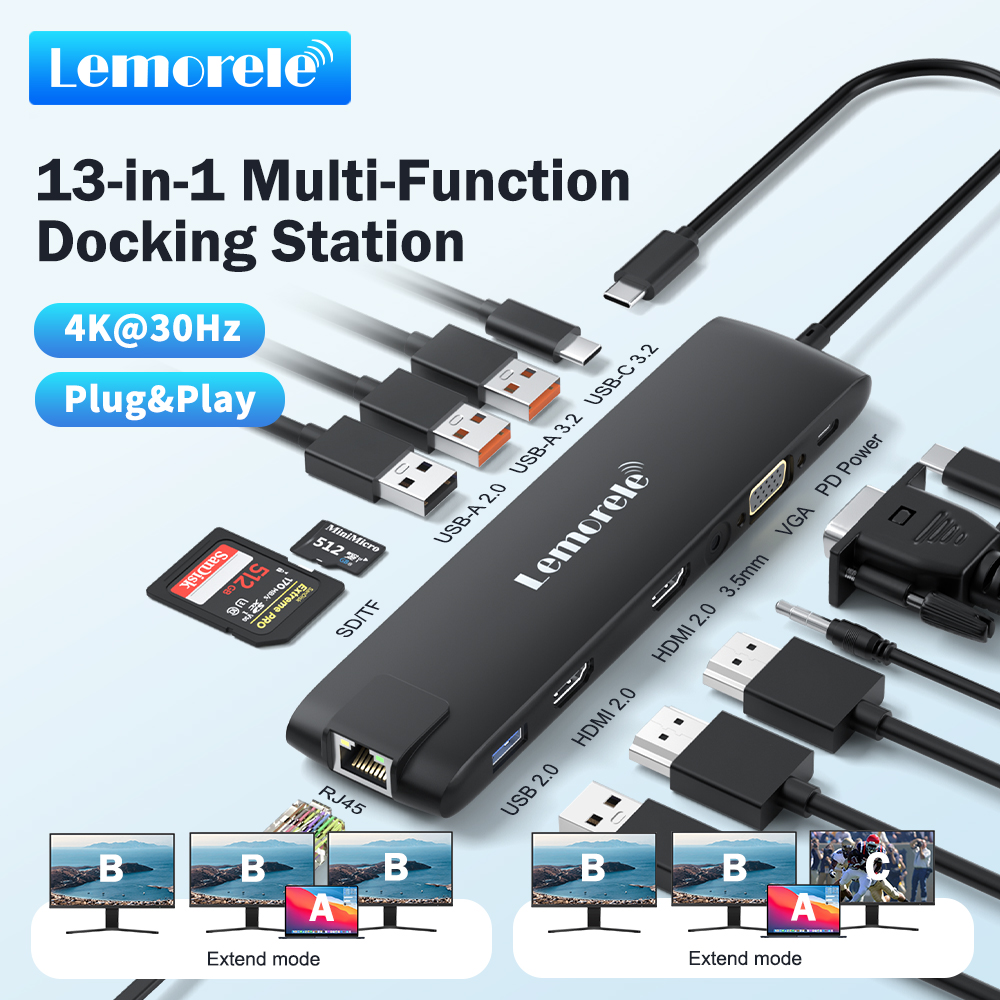 Lemorele 4K USB ハブ USB C からデュアル HDMI VGA ギガビットドッキングステーション USB 3.0 VGA アダプター SD カードリーダー Windows MacBook Air 用