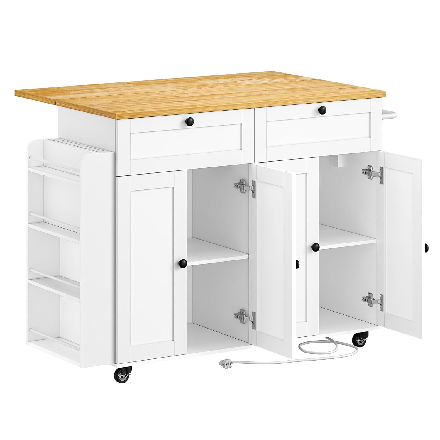 #53.1" Rolling Kitchen Island Cart with Power Outlet Drop Leaf Spice Towel Rack Knife Holder Drawers White, Customized