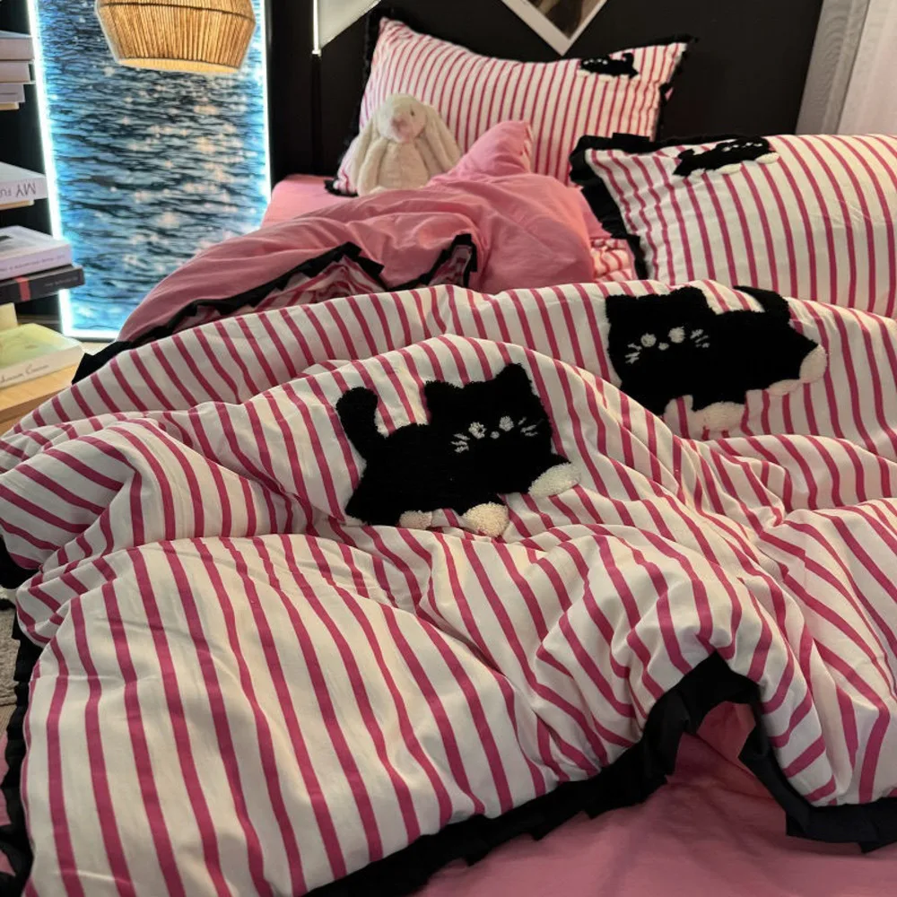 ピンクストライプ猫刺繍寝具セット韓国スタイル洗濯綿かわいい段ボール布団カバーベッドシート枕カバー 3/4 個