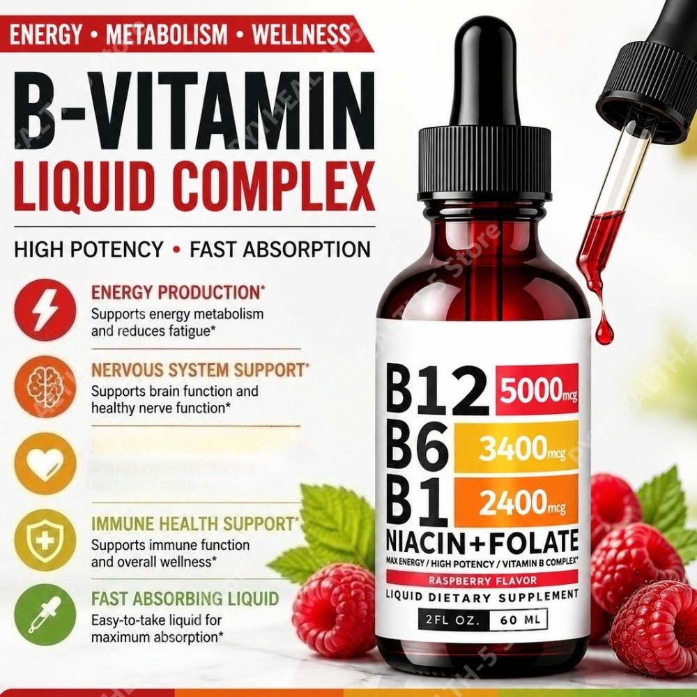 ビタミン B12 リキッド ドロップ 5000mcg、B6 B1 葉酸ラズベリー フレーバー B コンプレックス、毎日のエネルギー サポート 60 ml