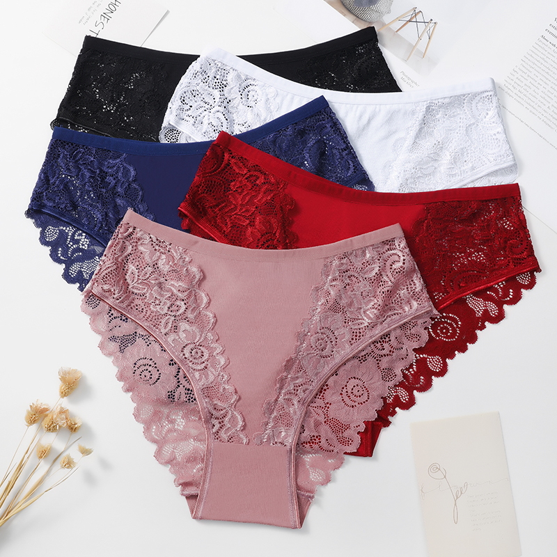 5 ピース/セットレース綿パッチワークビキニパンティー女性ブリーフ無地セクシーな花中空女性ブリーフ女性下着ランジェリー
